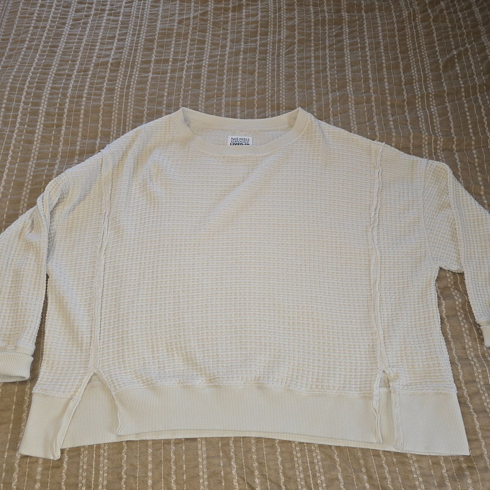 Women's American Eagle Outfitters Cream Waffle-Knit Sweatshirt XS Fits Oversized
